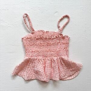 Meraki Peach Gingham Smocked Peplum Crop Top, Women's Small